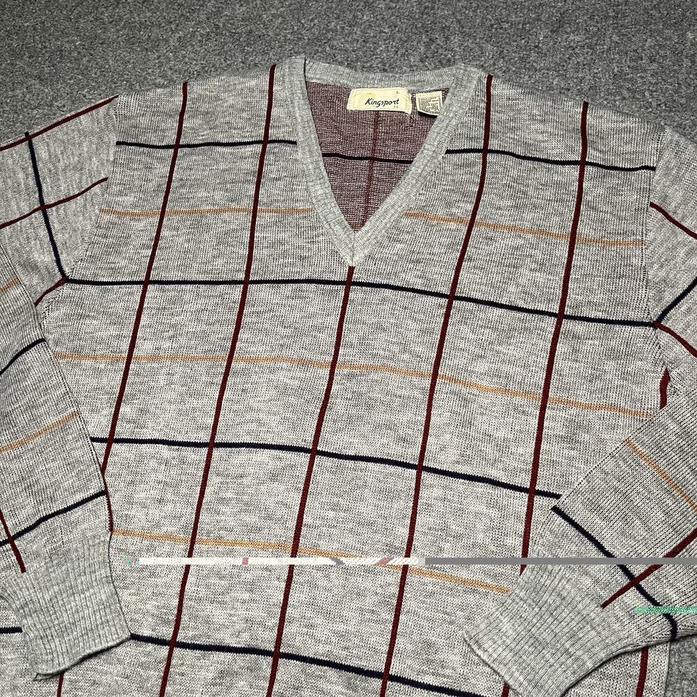 Vintage Kingsport Sweater Mens Large Gray Plaid V-Neck Acrylic Retro Grandpa 90s